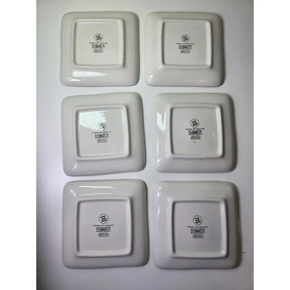 OVER AND BACK Black White Whimsy Appetizer Dessert Ceramic Square Plate Set of 6